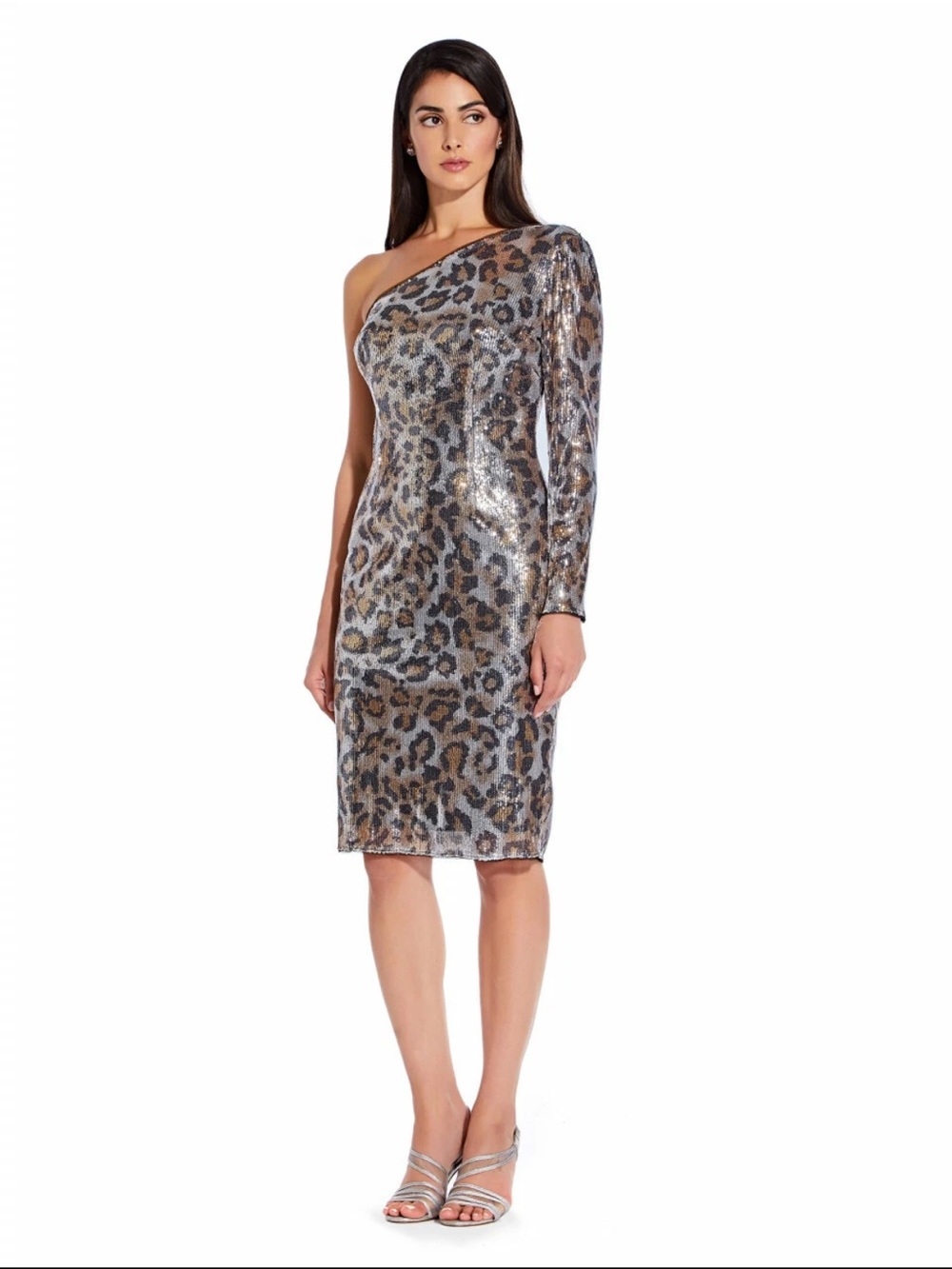 Adrianna Papell One-Shoulder Leopard Sequin Dress in Silver and Brown